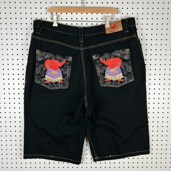 Red Monkey Company Black Jorts Size 40 Denim Shorts Y2K Stitched Chinese Gold - Picture 1 of 7